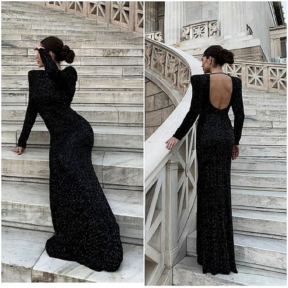 NWT Zara Collection Shoulder Pads Sequin Cocktail Maxi Dress Black Women's Small